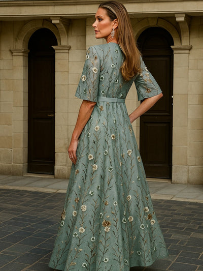 Hazel Elegant V-Neck Belted Boho Dress